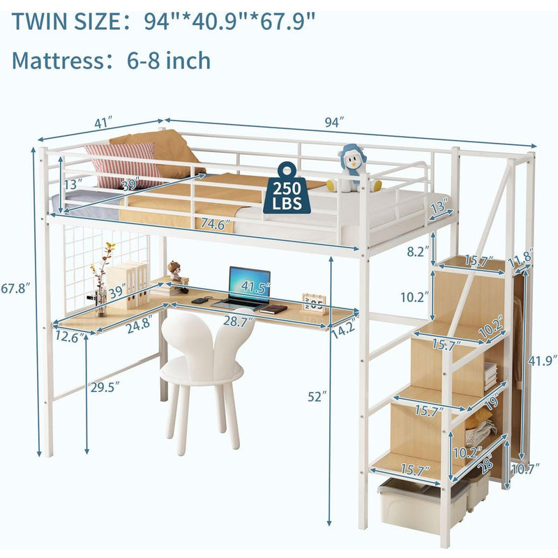 Twin Loft Bed with Desk and Storage Wardrobe, Heavy Duty Loft Bed with Stairs and Metal Grid, Twin Size Loft Bed, No Box Spring Needed, White Loft Bed Twin Size-White