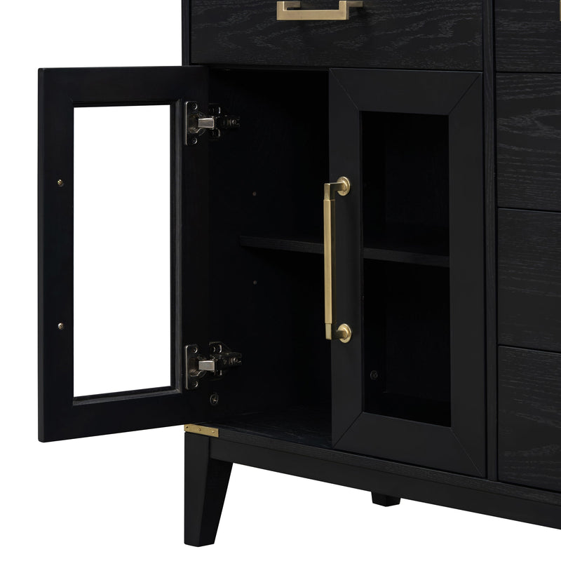 6-drawer and 2-Cabinet Retro Sideboard with Extra Large Storage Space, with Gold Handles and Solid Wood Legs, for Kitchen and Living Room (Black)