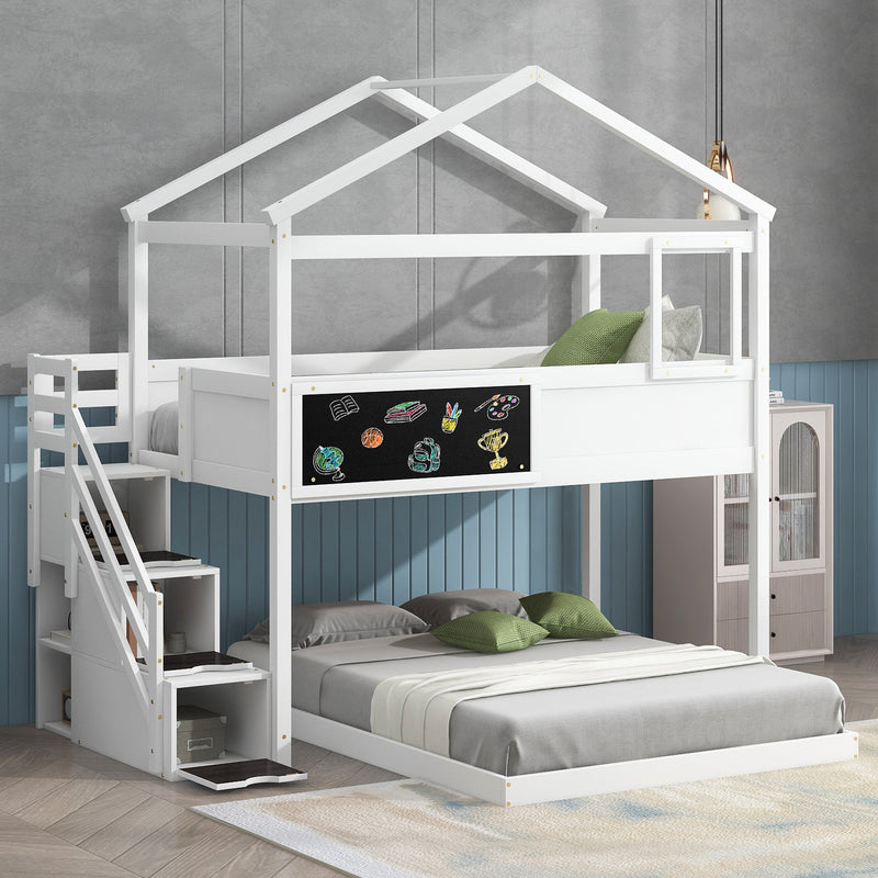 Walker Edison | Twin over Full House Bunk Bed with Storage Staircase and Blackboard, White