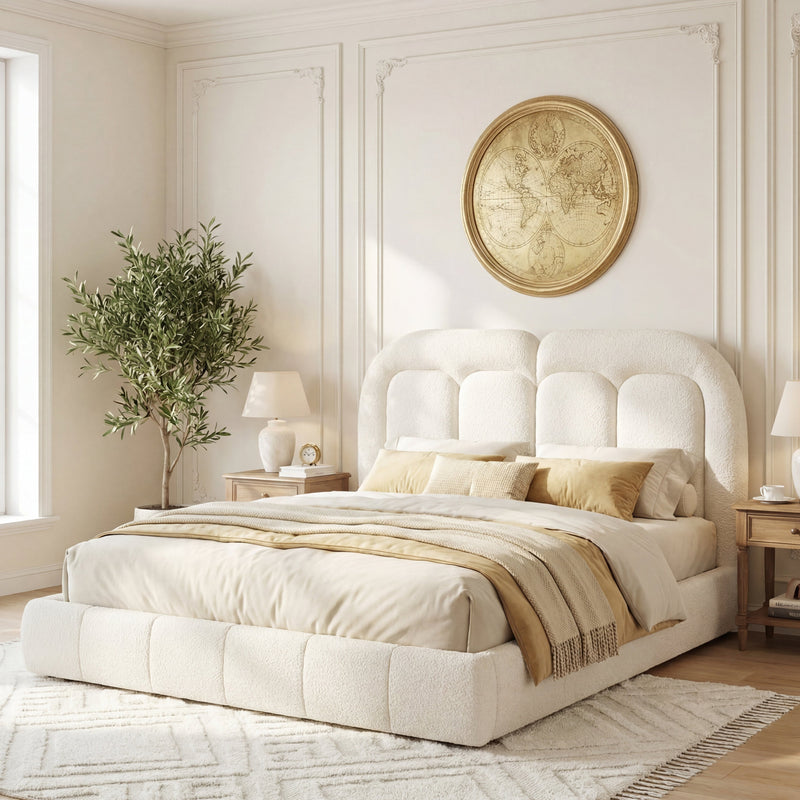 Queen Size Boucle Upholstered Platform Bed with Tufted Headboard, photo 6 of 10