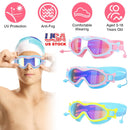Kids Swim Goggles With Ear Plugs UV Protection Anti-Fog Leak Proof Wide View Pool Swimming Goggles For Youth Boys Girls Aged 3-16 Years Old Summer Bea
