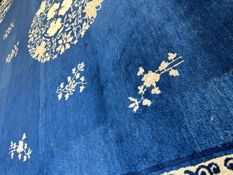 Hand-Knotted Antique Chinese Peking Wool Rug – 9’ x 11’5” – Distressed Blue, 19th Century