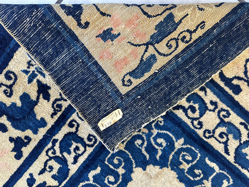 Hand-Knotted Antique Chinese Peking Wool Rug – 9’ x 11’5” – Distressed Blue, 19th Century