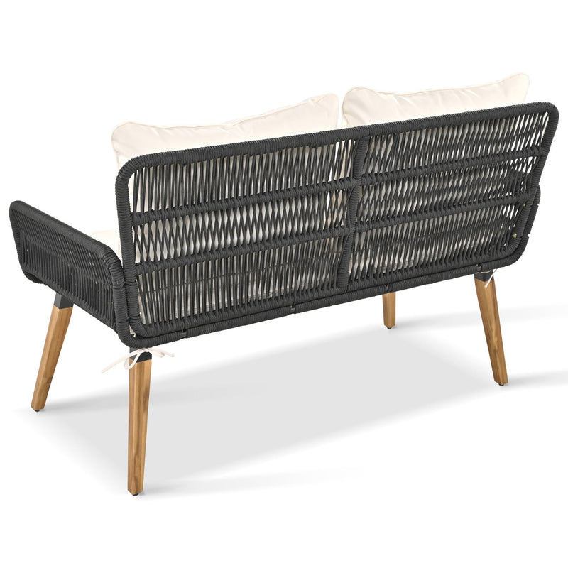 6-Piece Rope Patio Furniture Set, Outdoor Furniture with Acacia Wood Cool Bar Table with Ice Bucket, Deep Seat Patio Conversation Set with Two Stools for Backyard Porch Balcony (Black & Beige)