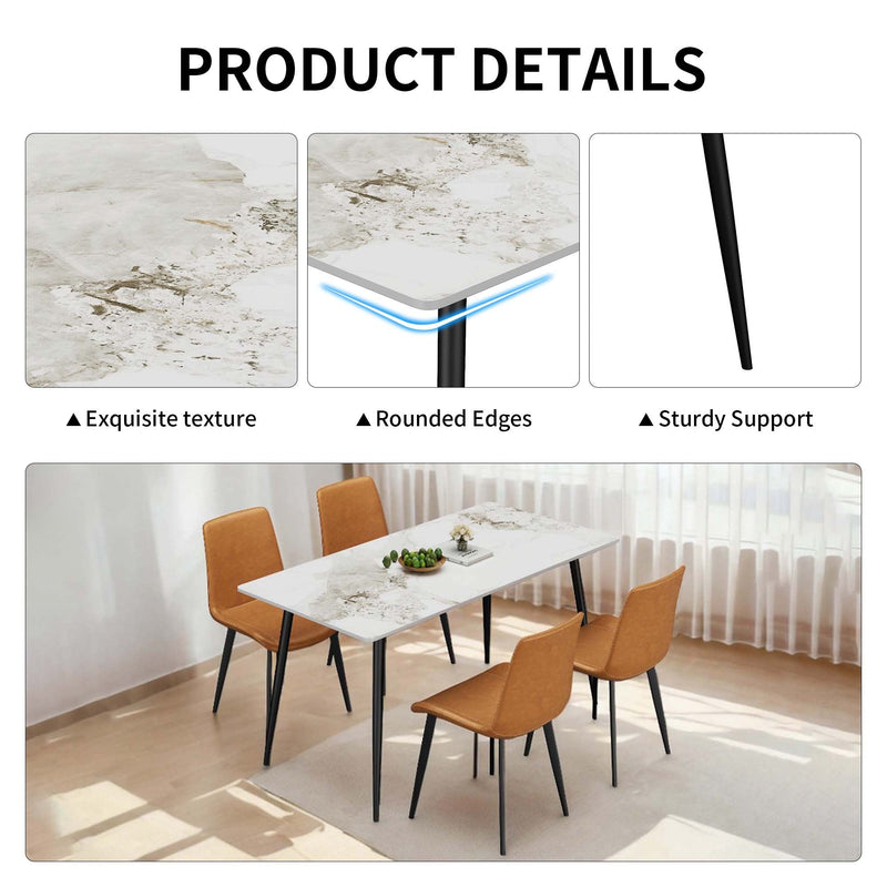 Dining Table with Sintered Stone Tabletop and Metal Legs, 63' Rectangular Modern Kitchen & Dining Room Table With 4 Dining Chairs