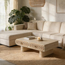 Rounded Edge Coffee Table with Flower Pattern Solid Wood Drawer