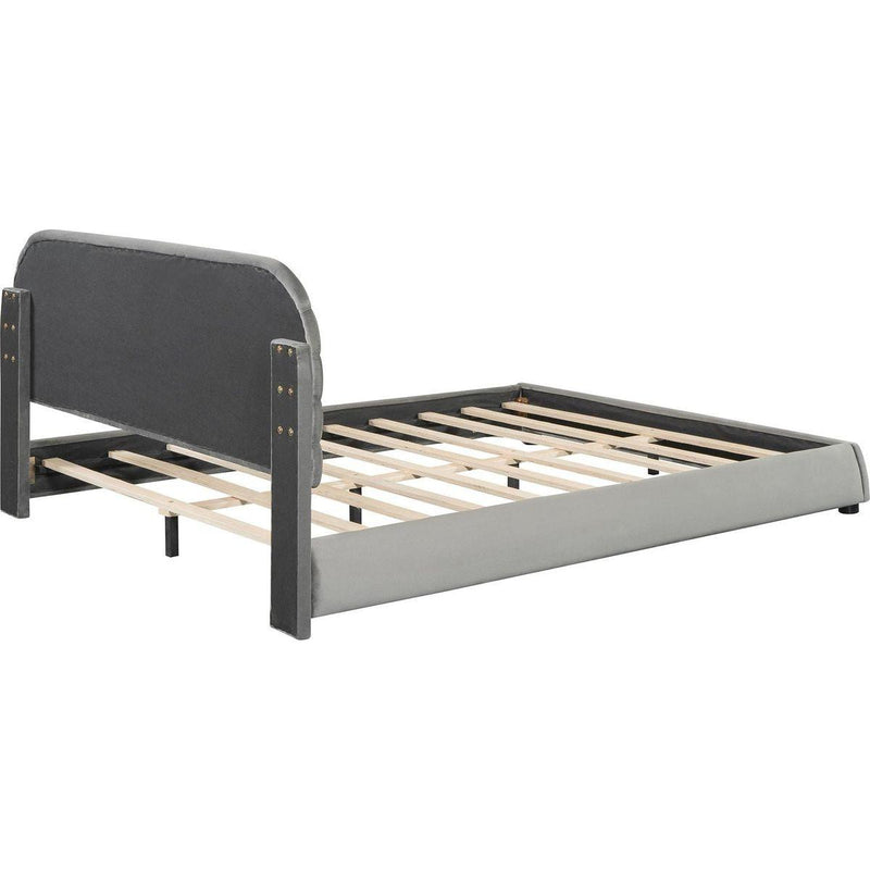 Queen Size Velvet Upholstered Platform Bed,Solid Frame and Stylish Curve-shaped Design, Gray