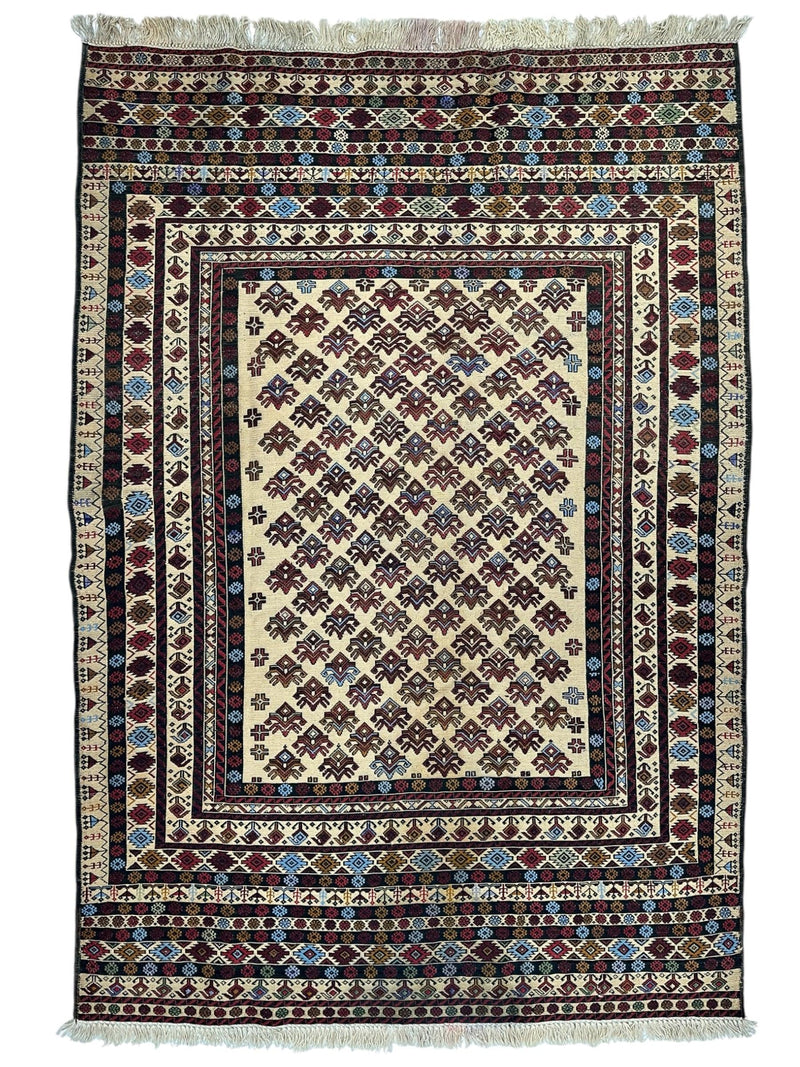 Hand-Woven Afghani Maliki Soumak Wool Kilim Rug - 4'2" x 6'