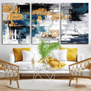 Blue and Gold Abstract Canvas Wall Art – Triptych Modern
