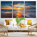 Sunset on the Ocean Beach with Waves, Reflections on Sand,