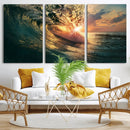 Ocean Wave Sunset Canvas Wall Art – Triptych Seascape Print