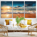 Golden Sunset Beach Triptych Canvas Art, Giclee Coastal Wall