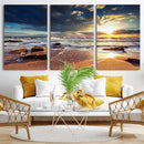 Golden Hour Beach Sunset Canvas Triptych, Ocean Waves and