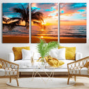 Palm Tree Sunset On The Beach Wall Art Canvas, Framed Palm