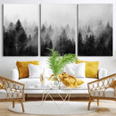 Foggy Black and White Forest Canvas Wall Art, 3 Panel Misty