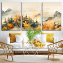 Abstract Watercolor Mountains and Trees Autumn Art,