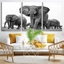 Black White Elephant Family Wall Art Canvas Print