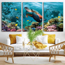 Sea Turtle and Coral Reef Triptych Wall Art – Vibrant