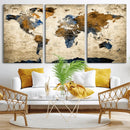 World Map Wall Art – Antique Style Blue and Brown Map Canvas