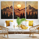 Wood Style Abstract Mountain Sunset Canvas Wall Art Print -