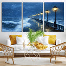 Stormy Ocean Pier Lights Canvas Wall Art Print - Large Moody
