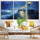 Storm Ocean Pier Canvas Wall Art Print - Large Moody Night
