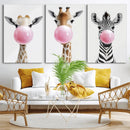Bubblegum Animals Canvas Wall Art - Playful Giraffe and