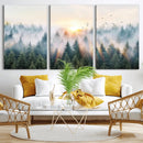 Misty Pine Forest Wall Art Canvas, Sunrise Over Foggy Trees