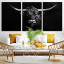 Texas Longhorn Wall Art Canvas Print – Framed Monochrome
