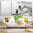 Surfers on Waves Wall Art Canvas Print – Framed Black and