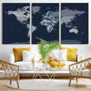 Blue Detailed World Map Wall Art Canvas Print, Modern Framed