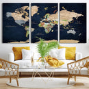 Minimalist World Map Canvas Wall Art - Watercolor Blue and