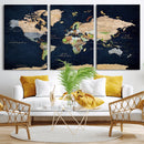Minimalist World Map Canvas Wall Art - Watercolor Blue and