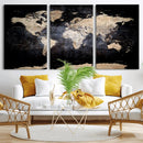 Grunge World Map Wall Art | 3-Panel Large Beige and Brown