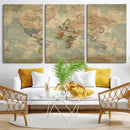 World Map Wall Art Canvas Print, Rustic Map Print, Framed