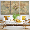 World Map Wall Art Canvas Print, Rustic Map Print, Framed