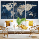 Large Blue World Map Wall Art Canvas Print for Home Office