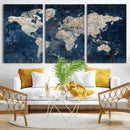 Large Blue World Map Wall Art Canvas Print for Home Office