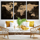 Brown World Map Canvas Print – Modern Travel Map Wall Art,