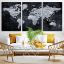Black World Map Canvas Print – Detailed Map for Couples and