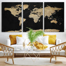 Beige World Map Canvas Wall Art Print, Minimal Black and