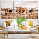 Texas Longhorn Cattle Wall Art Canvas Print, Sepia Western