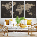 World Map Canvas Wall Art Dark Charcoal Antique Tan Detailed
