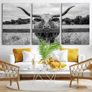 Black White Texas Longhorn Bull Canvas Wall Art, Western Ranch Cattle Photography Print, Rustic Farmhouse Cowboy Decor Artwork by MyGreatCanvas | Canvas Wall Art Prints | Photo Prints & Wall Decor