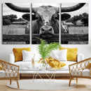Black White Texas Longhorn Bull Canvas Wall Art, Western Ranch Cattle Photography Print, Rustic Farmhouse Cowboy Decor Artwork
