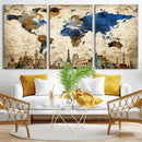 World Map Canvas Print – Vintage Blue and Gold World Map