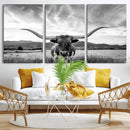 Longhorn Black and White Wall Art – Rustic Western Bull