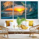 Ocean Wave Sunset Wall Art | Large Coastal Wave Canvas Print