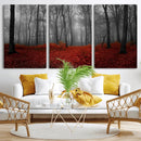 Red Forest Floor Canvas Wall Art – Mystical Foggy Woodland