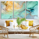 Abstract Aqua and Gold Fluid Wall Art Canvas | 3 Panel Large by MyGreatCanvas | Canvas Wall Art Prints | Photo Prints & Wall Decor